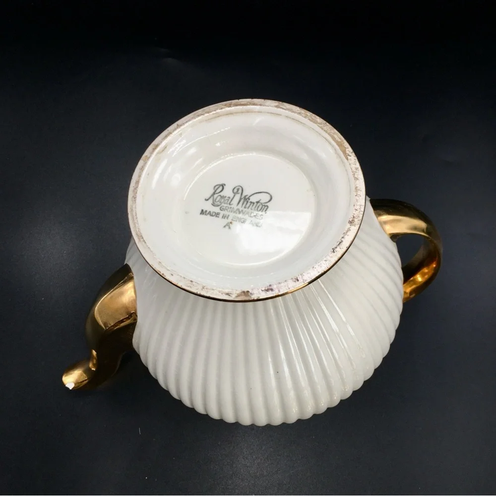 VTG 3Pc Royal Winston Grimwades Art Deco 22k Gold Teapot & Gold Rim Plate